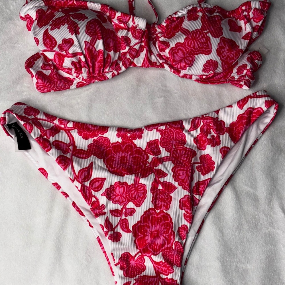 Floral‎ Bikini Set Volafa Two-Piece Swimsuit Beachwear Padded Ribbed Pink White